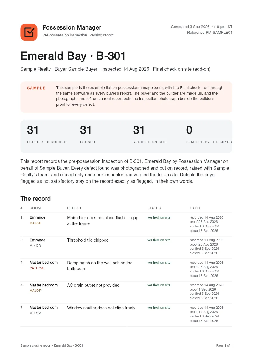 Page 1 of the sample closing report for Emerald Bay B-301, with the Final check: 31 snags recorded, 31 closed and 31 verified on site, none flagged, then the record, snag by snag